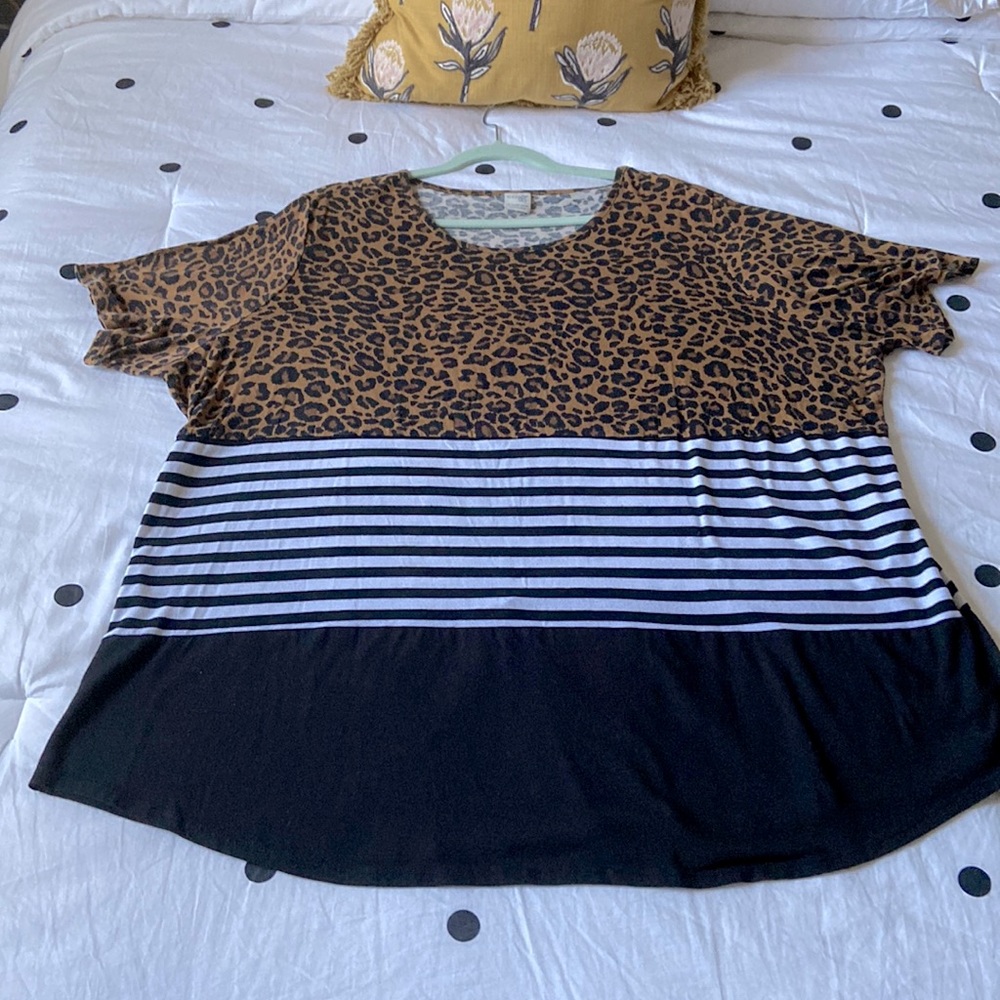 Terra & Sky 3X EUC leopard, black, and black and white striped color block shirt